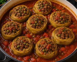 Stuffed Artichoke with Beef and Peas